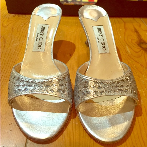Jimmy Choo Silver Laser Cut Sparkle Slides - Picture 1 of 6